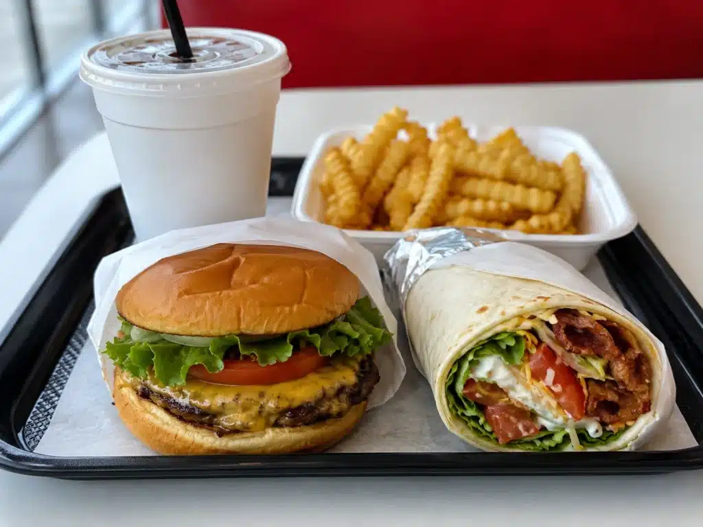 Cookout bacon wrap side with fries and burger tray