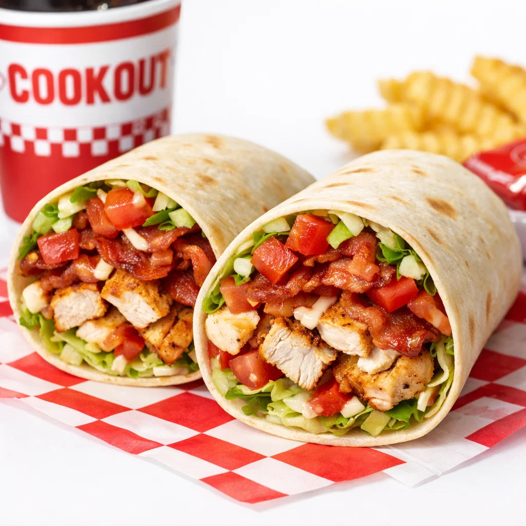 A flavorful wrap with grilled chicken, crispy bacon, fresh lettuce, tomatoes, and creamy sauce, all rolled in a soft tortilla