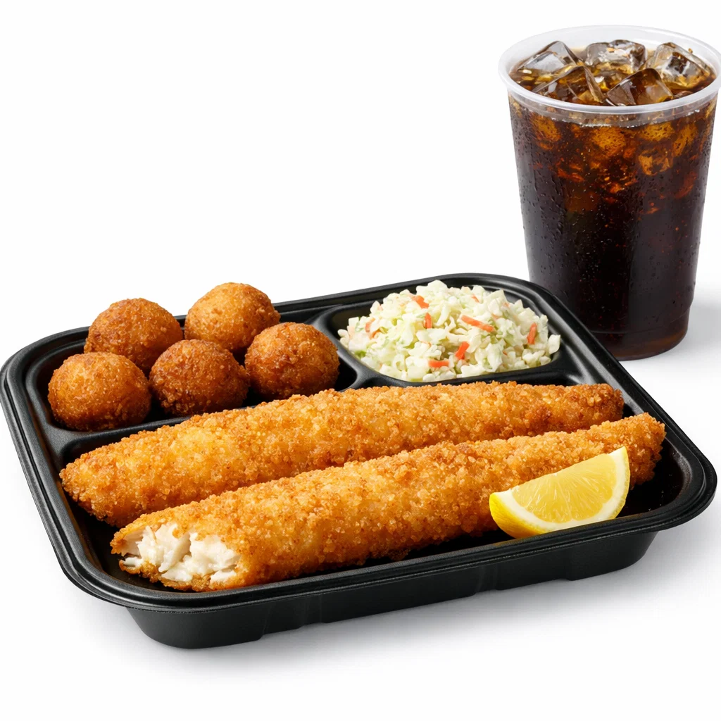 Cookout fish tray with two breaded fish fillets, hushpuppies, coleslaw, and drink on a white background