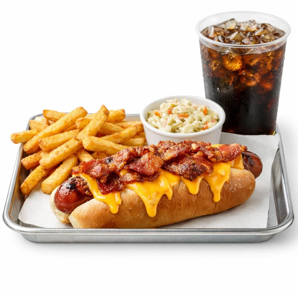 Bacon cheese dog tray with hot dog topped with bacon and melted cheese, fries, and drink on a white background