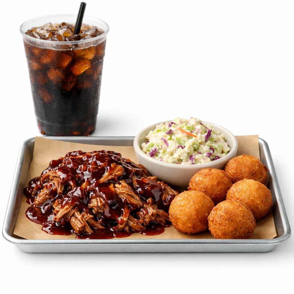 BBQ tray with pulled pork barbecue, coleslaw, hushpuppies, and drink on a white background