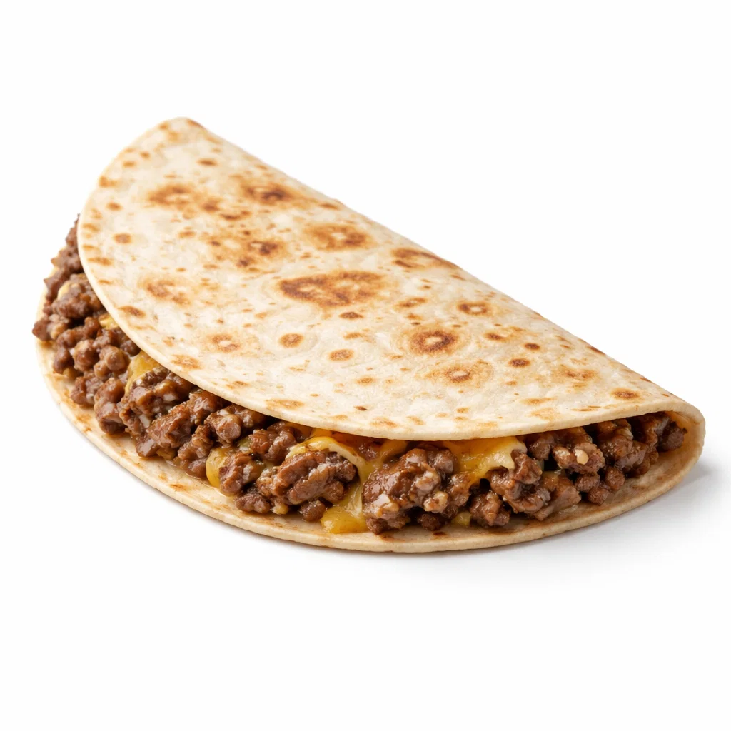 Cookout-style beef quesadilla folded in a half-moon shape on a pure white background