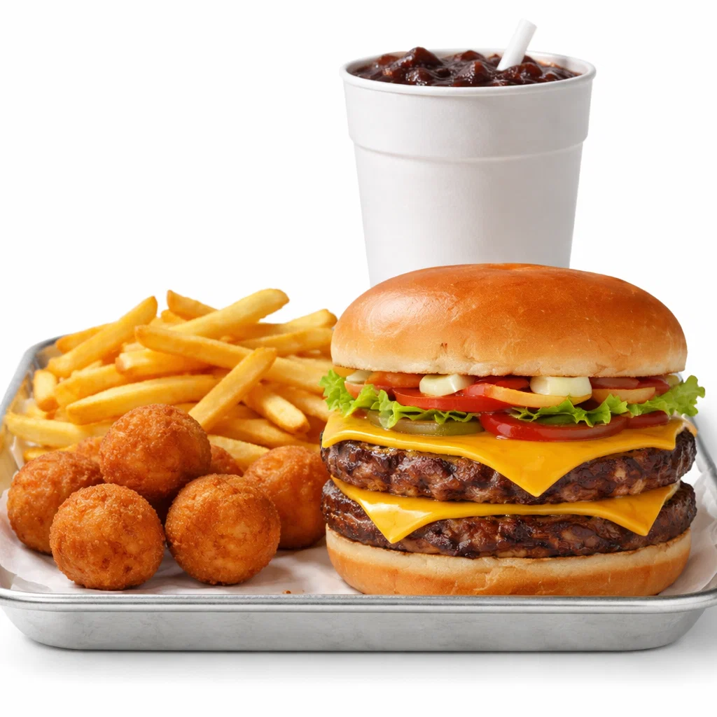 Big Double Cookout tray with a double cheeseburger, fries, and a drink on a white background