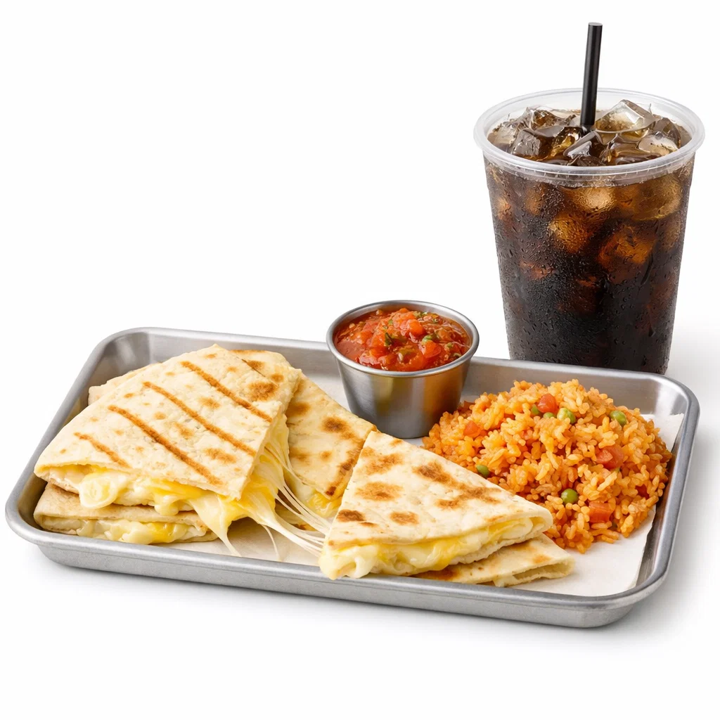 Cheese quesadilla tray with melted cheese quesadilla, rice, dip, and drink on a white background