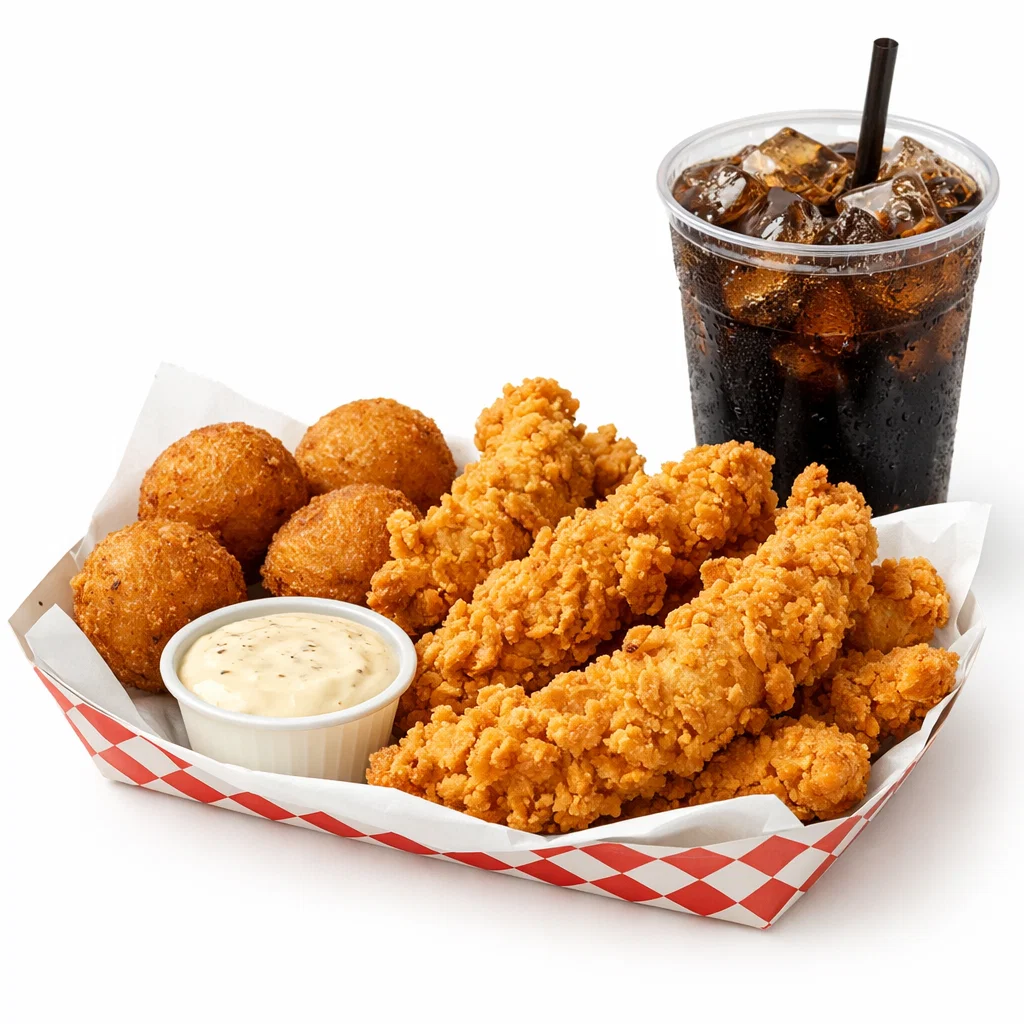 Chicken strip tray with crispy fried chicken strips, hushpuppies, sauce, and drink on a white background