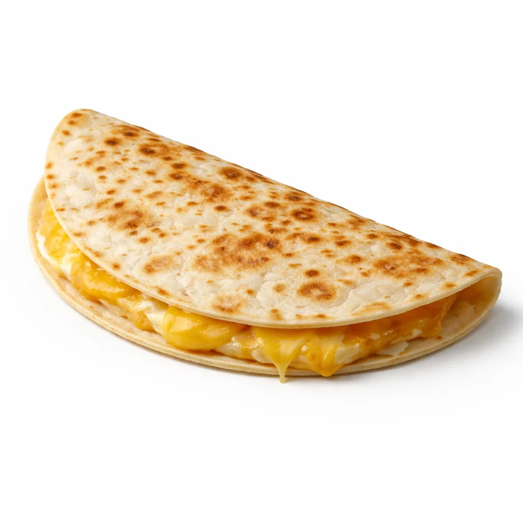 Classic Cookout-style cheese quesadilla folded in a half-moon shape on a pure white background.