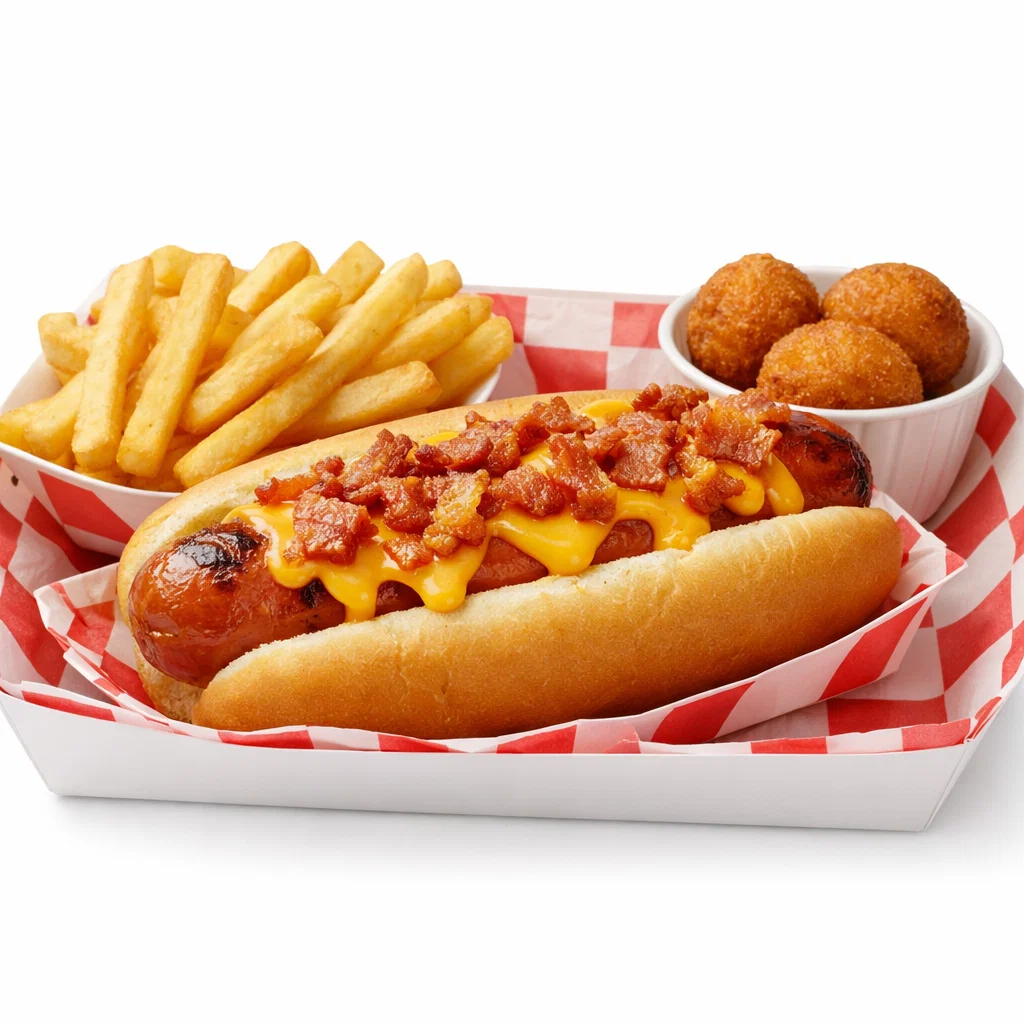 Cookout bacon cheese dog tray with fries and hushpuppies