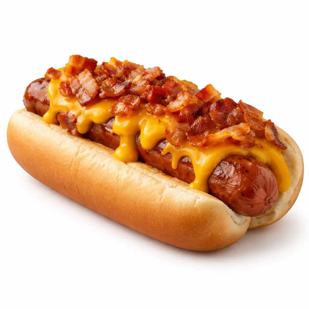 Cookout bacon cheese dog topped with crispy bacon and melted cheddar