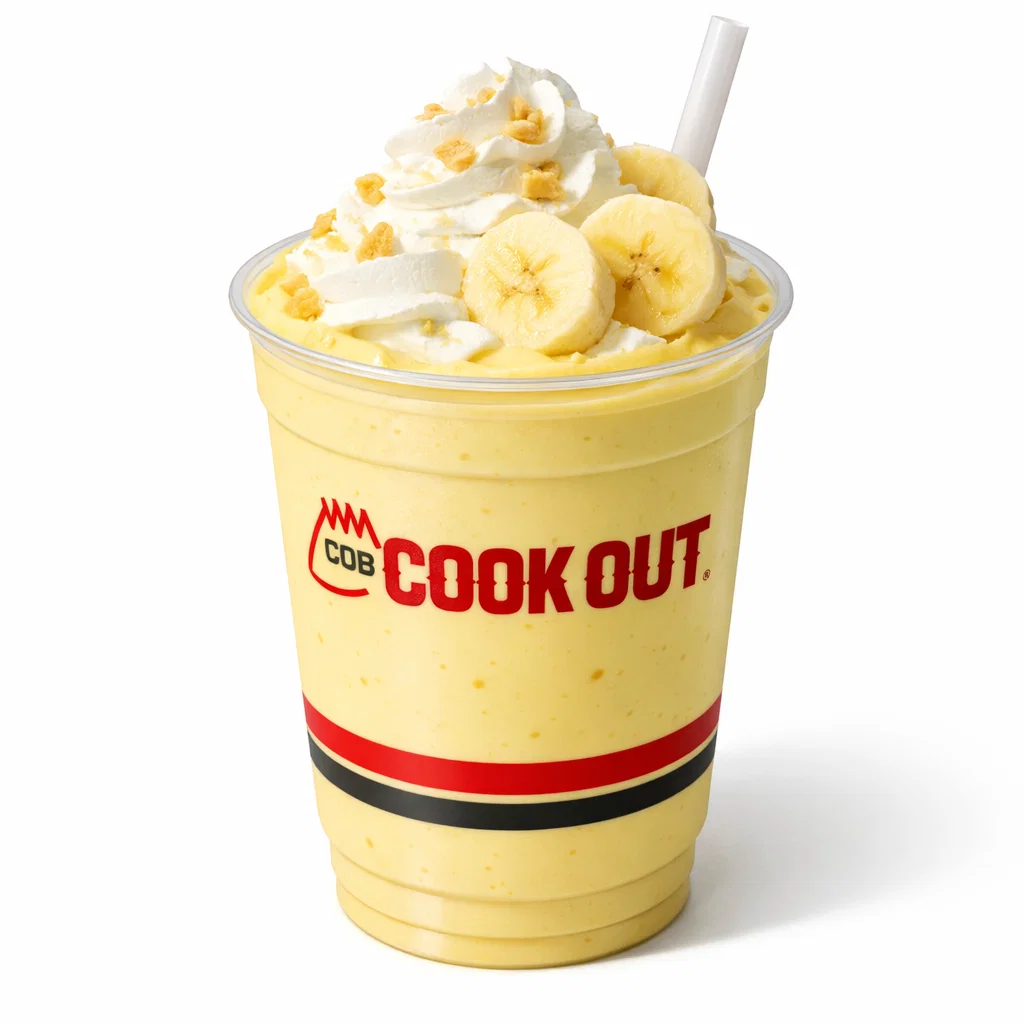 Cookout Banana Pudding Milkshake in a branded plastic cup with whipped cream and banana slices on a pure white background