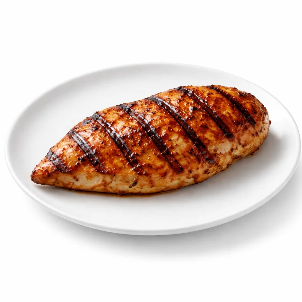 Cookout BBQ char-grilled chicken breast with flame grill marks