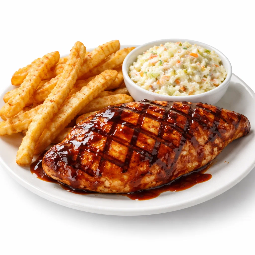 Cookout BBQ chicken plate with grilled chicken breast and Southern sides