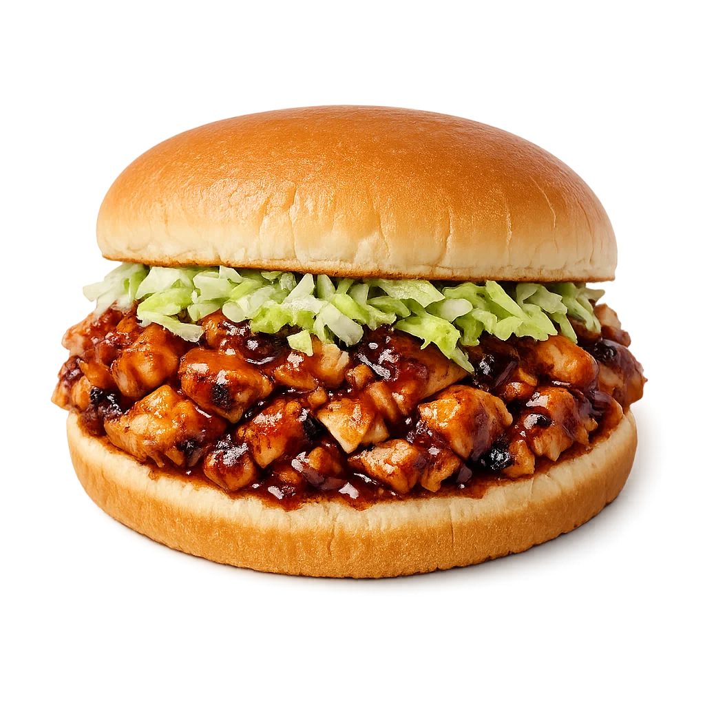 Cook Out chopped BBQ chicken sandwich with shredded lettuce on a toasted bun