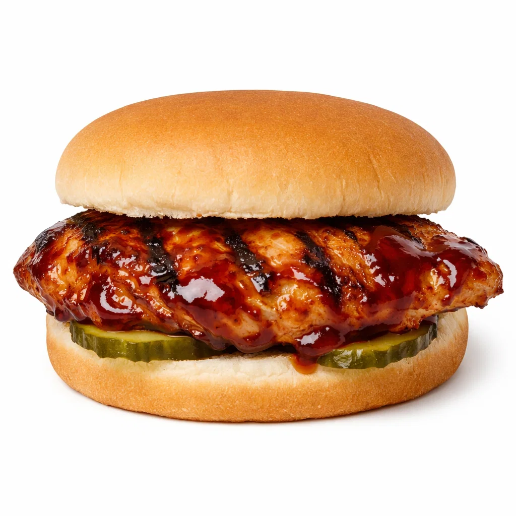 Cookout BBQ chicken sandwich with grilled chicken breast and barbecue sauce on a plain bun