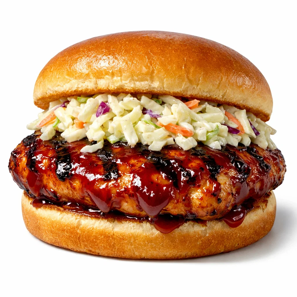 Cook Out BBQ chicken sandwich with grilled chicken breast and smoky barbecue sauce on a toasted bun
