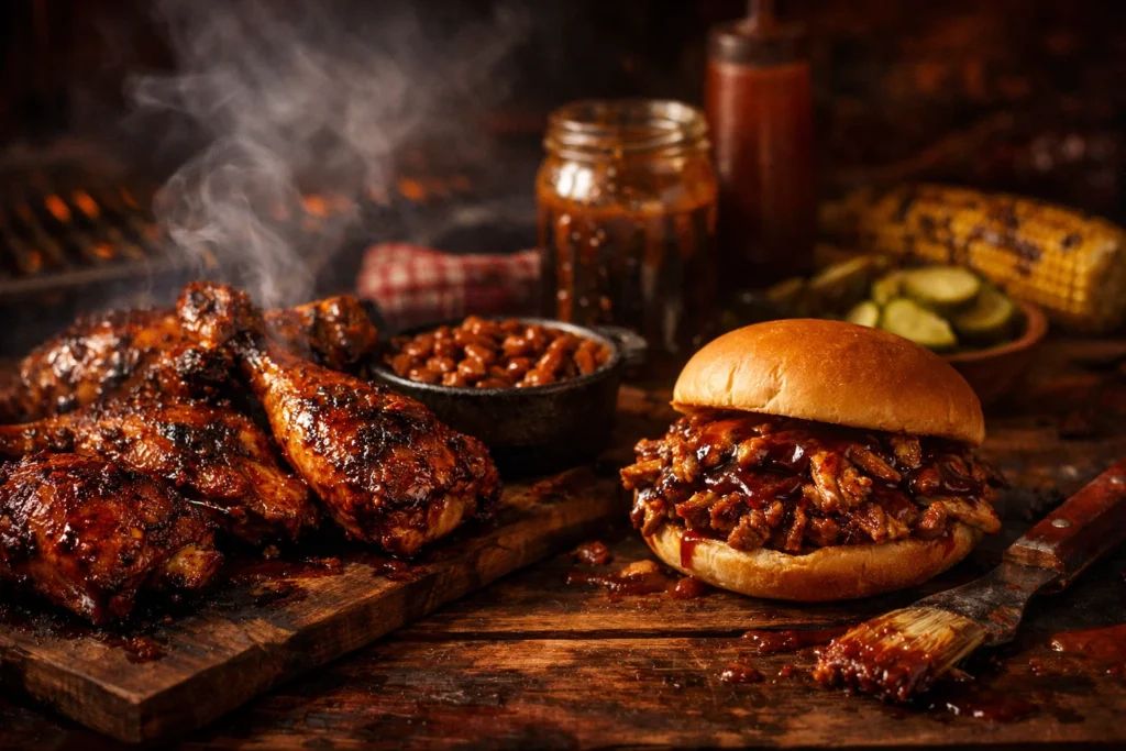 Cookout BBQ classics background with smoky grilled chicken and southern cookout vibe