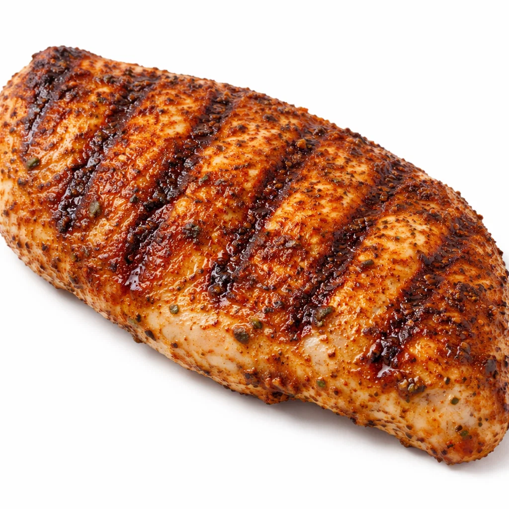 Cookout Cajun grilled chicken breast fillet on a white background