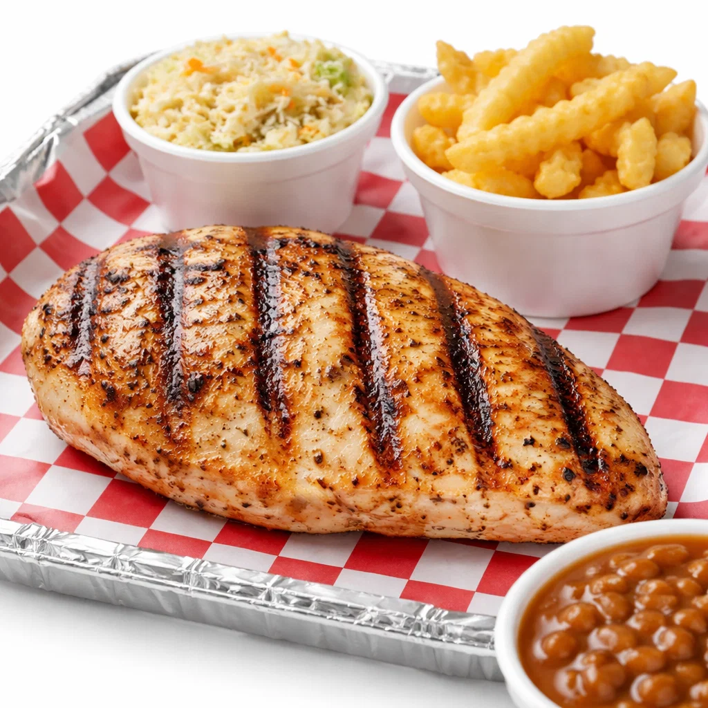 Cookout char-grilled chicken breast with flame grill marks