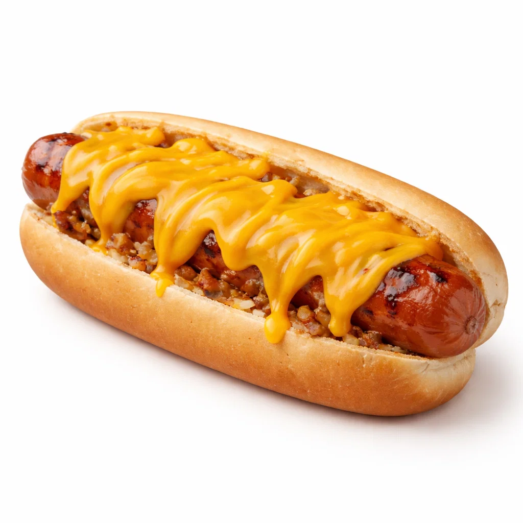 Cookout cheddar style hot dog topped with melted cheddar cheese