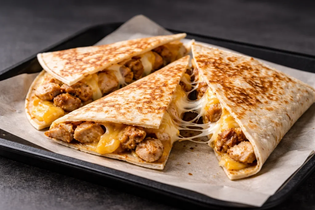 Cookout chicken quesadilla with grilled chicken and melted cheese.