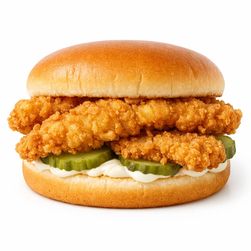 Cookout chicken strip sandwich with crispy fried chicken strips on a plain bun