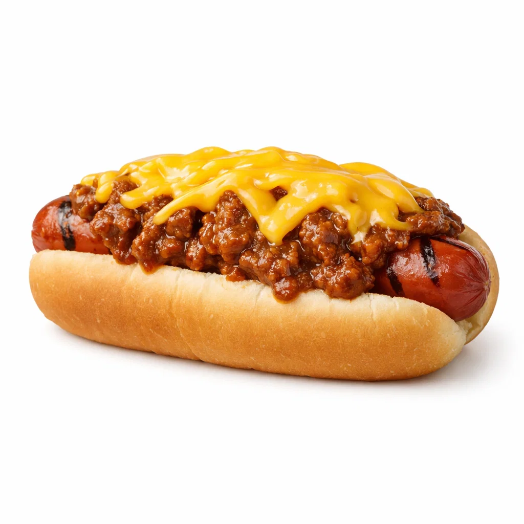 Cookout chili cheese dog topped with chili and melted cheddar