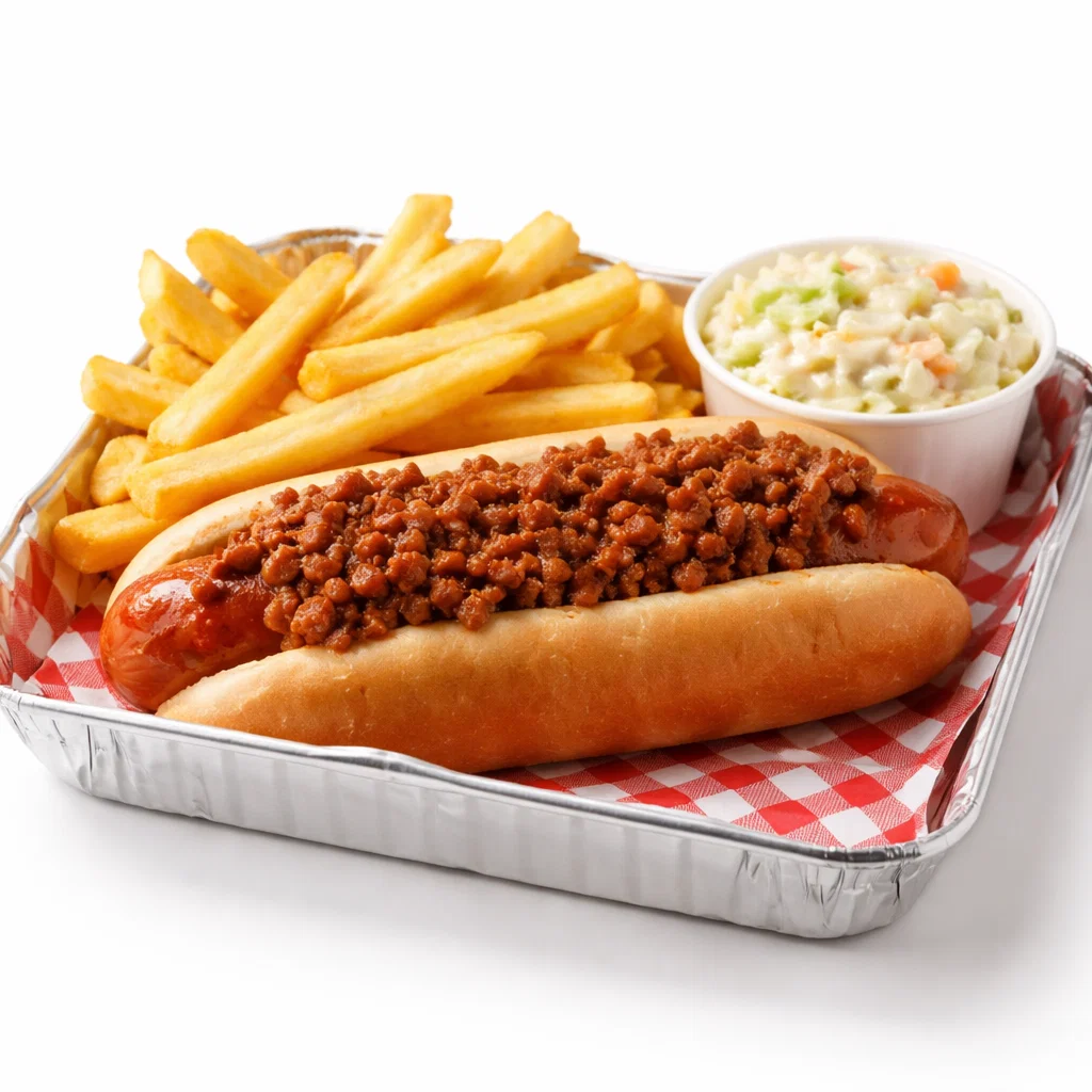 Cookout chili dog tray with fries and coleslaw