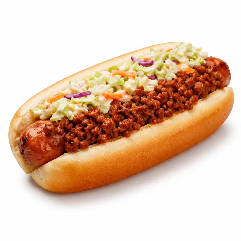 Cookout chili slaw dog topped with chili and creamy coleslaw