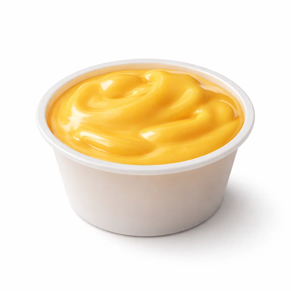 Cookout-style extra melted cheese served in a small portion cup on a white background