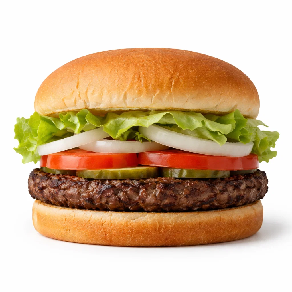 Cookout hamburger with grilled beef patty, lettuce, tomato, pickles, and onions on a white background
