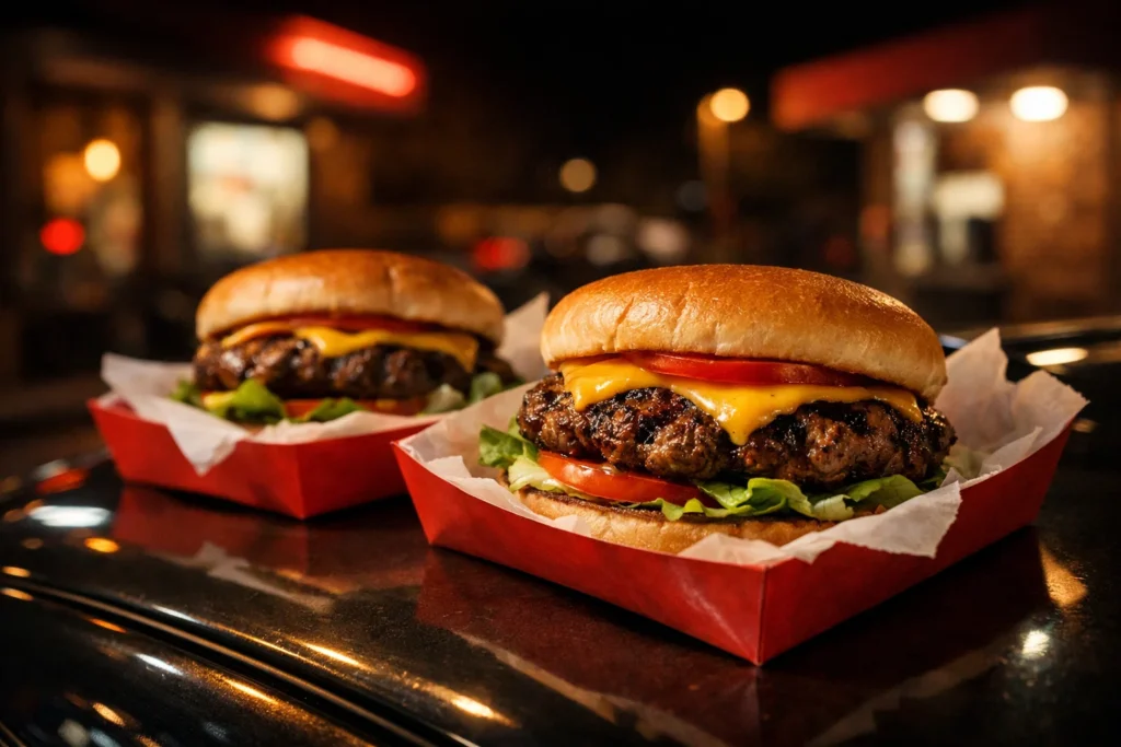 Cookout-style char-grilled hamburgers served in a drive-thru setting at night