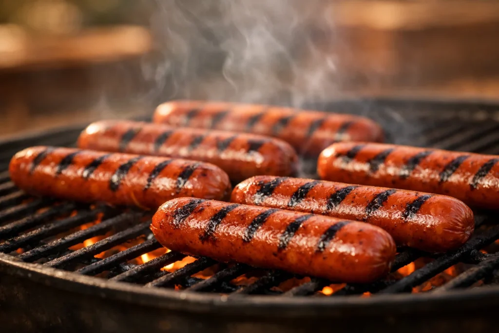 Cookout flame-grilled hot dogs on a charcoal grill