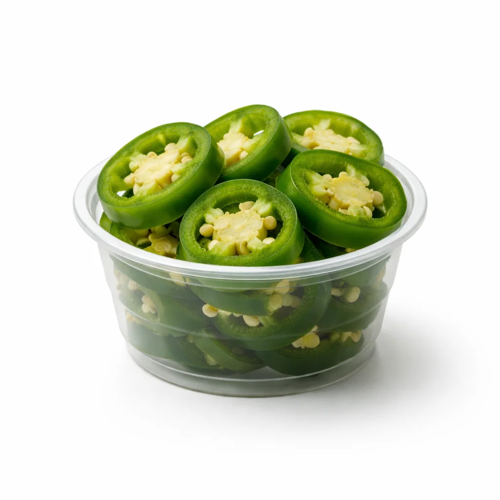 Cookout-style sliced jalapeños served in a small portion cup on a white background
