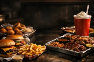 Cookout-style char-grilled cheeseburger with fries, BBQ tray, and classic milkshake on a dark professional background