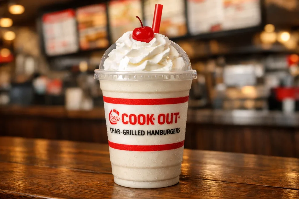 Cookout milkshake in plastic cup with whipped cream and cherry, authentic Cookout restaurant background, fast-food style.