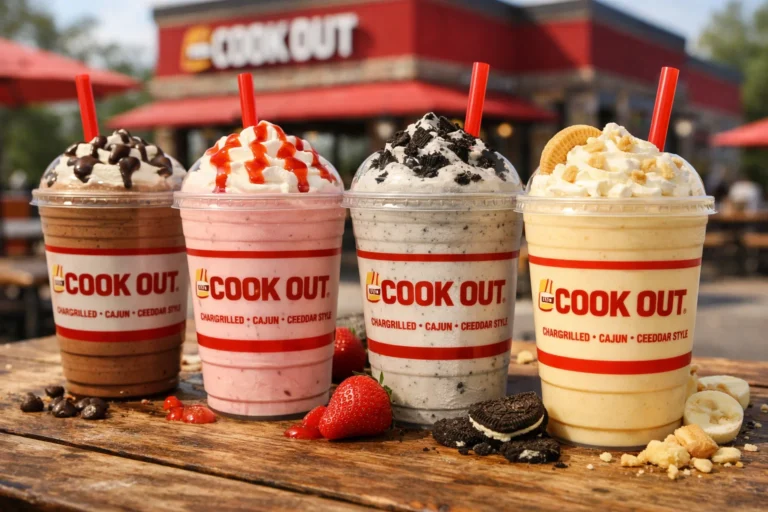 Cookout Milkshakes in branded plastic cups with chocolate, strawberry, Oreo, and banana pudding flavors, outdoor fast-food restaurant setting