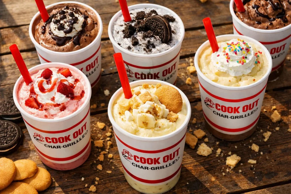Cookout Milkshakes menu overview showing chocolate, strawberry, Oreo, and banana pudding flavors in plastic cups