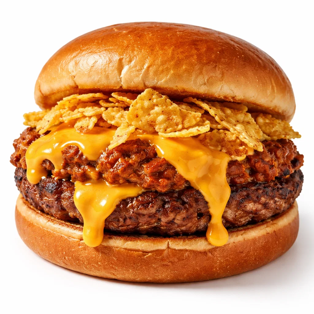 Cookout Nacho Chili style hamburger with chili, nacho cheese sauce, and tortilla chips on white background