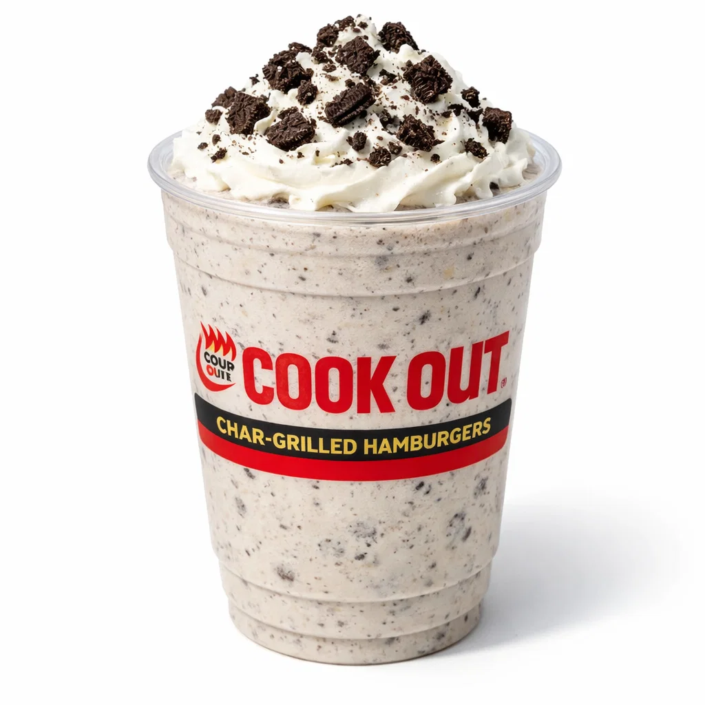 Cookout Oreo Milkshake in a branded plastic cup with whipped cream and crushed Oreo on a pure white background