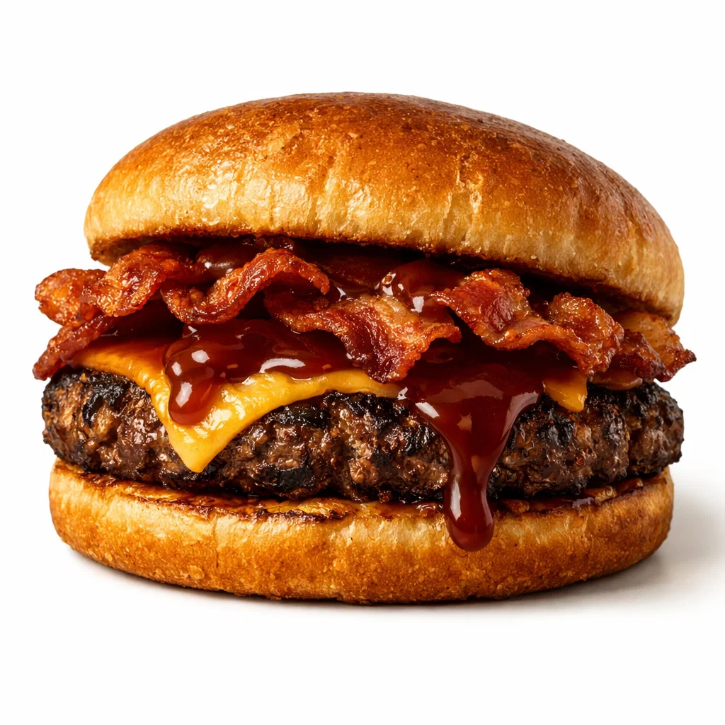 Cookout Out West style hamburger with bacon, cheddar cheese, and barbecue sauce on white background
