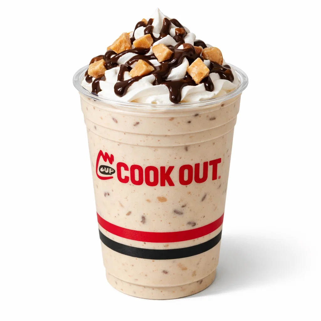 Cookout Peanut Butter Fudge Milkshake in a branded plastic cup with whipped cream, fudge drizzle, and peanut butter on a pure white background
