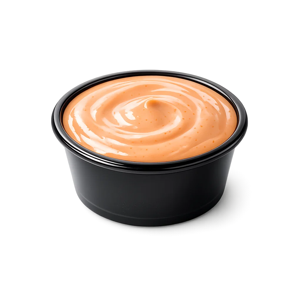 Cookout-style quesadilla sauce served in a small round dipping cup on a white background