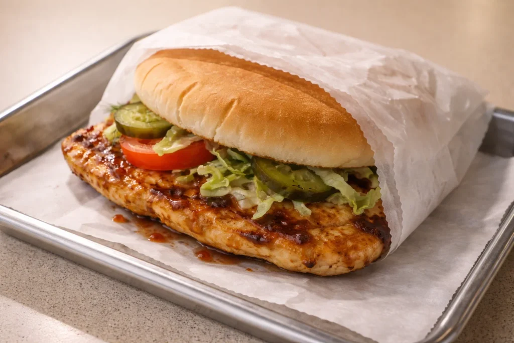 Authentic Cookout sandwiches served on a tray with flat bun and grilled filling