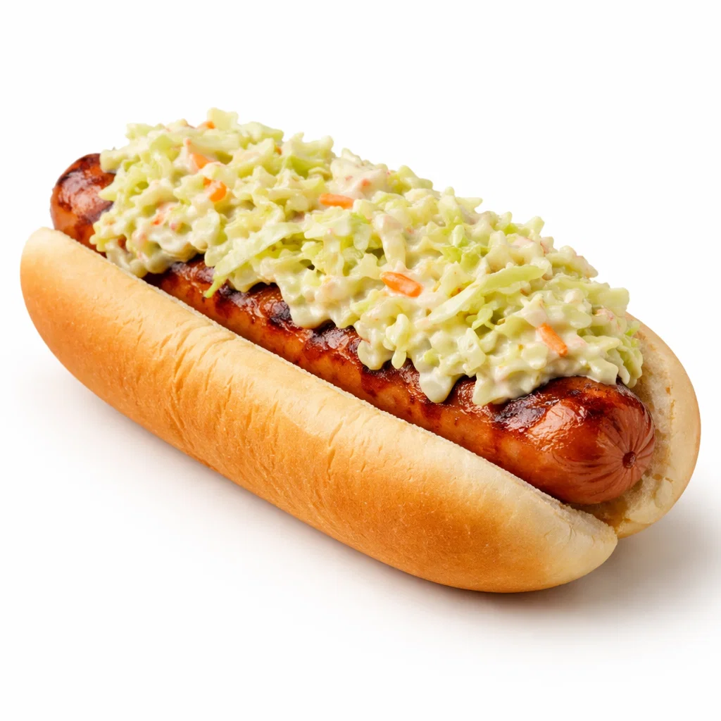 Cookout slaw dog topped with fresh creamy coleslaw