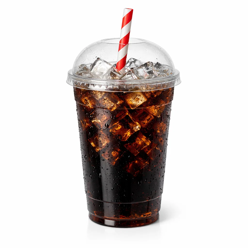 Cookout fountain soft drink in a clear cup with ice served as a tray drink on a white background