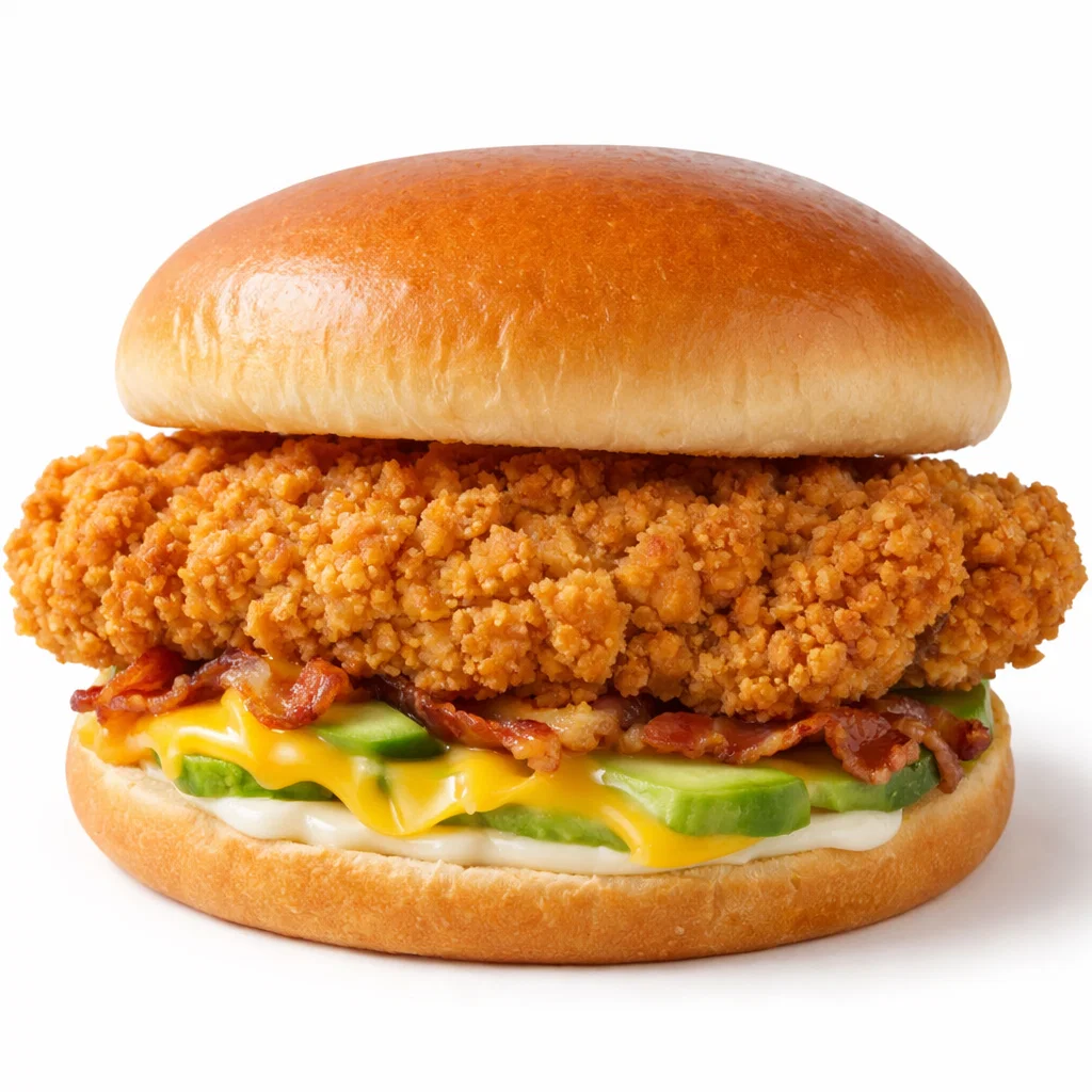Cookout spicy chicken sandwich with crispy chicken breast, mayo, and pickles on white background