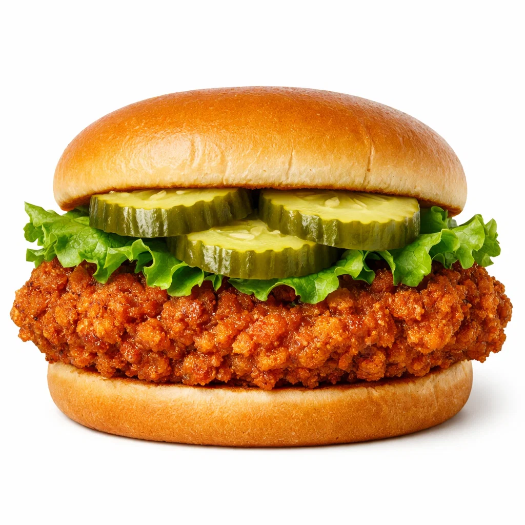 Cook Out spicy chicken sandwich with crispy fried chicken, lettuce, and pickles on a toasted bun