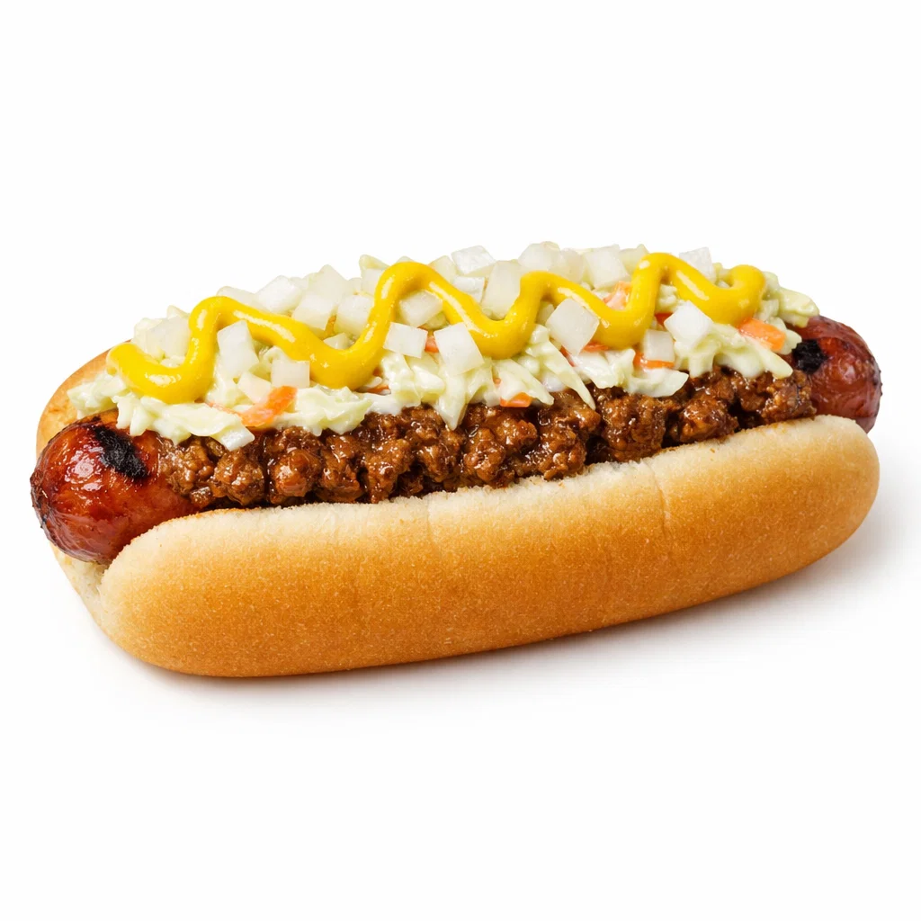 Cookout style hot dog with chili, slaw, mustard, and onions