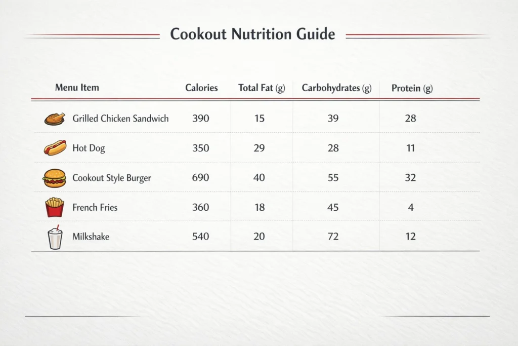 Cookout nutrition chart with calories and macronutrients for popular menu items