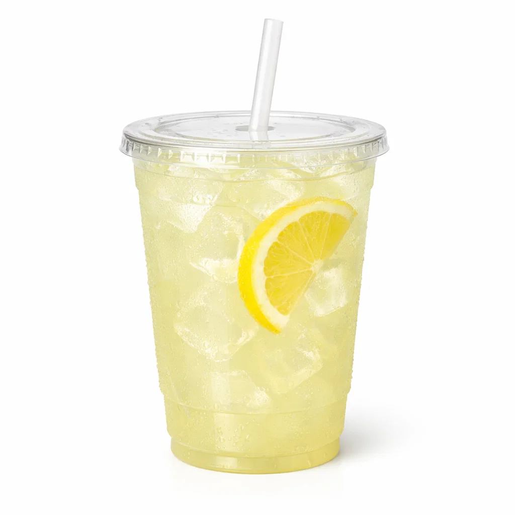 Cookout lemonade served in a clear cup with ice as a tray drink on a white background