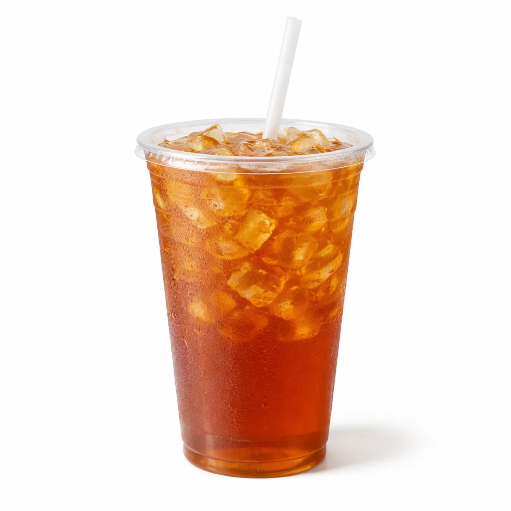 Cookout sweet tea served in a clear cup with ice as a tray drink on a white background